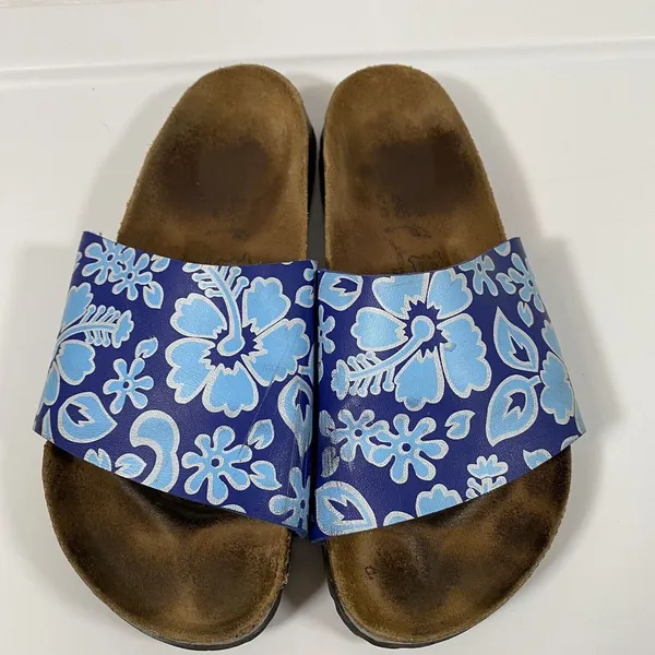 Birkis by Birkenstock Slide Sandals Blue Flower‎ Womens Size 38 Narrow W7 - Image 3