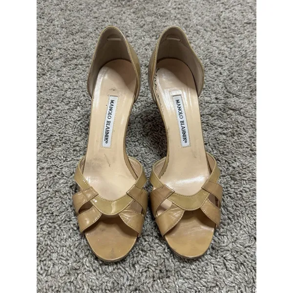 Vintage MANOLO BLAHNIK D’Orsay Nude Tan Patent Leather Peeptoe High Heels Sz 38 - Image 3