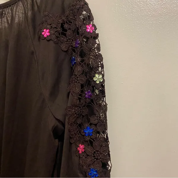 New York Laundry Womens Sheer Top Blouse XL Brown Lace Sleeves Jeweled Flowers - Image 9
