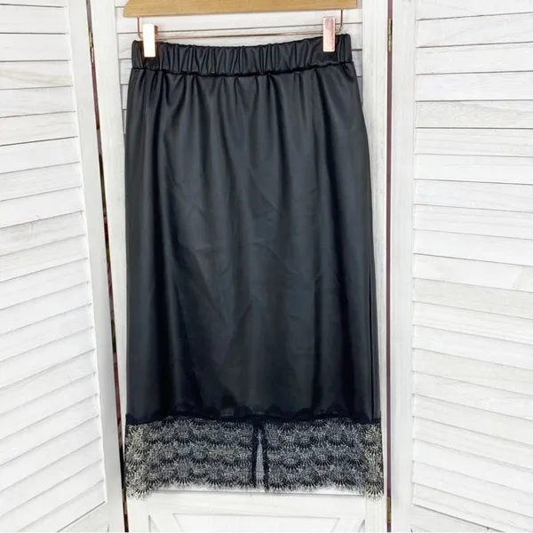 Michael Kors Lace Trim Faux Leather Slip Skirt‎ Black Midi Pencil Elastic XS - Image 10