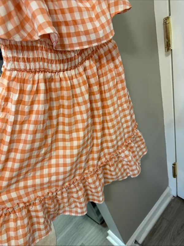 Molly Green Orange & White Gingham Gameday Tiered Ruffle Mini Dress Small $78 - Image 3