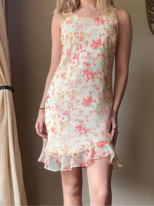 Vintage Pastel Yellow Floral Ruffle Midi Dress - Image 5