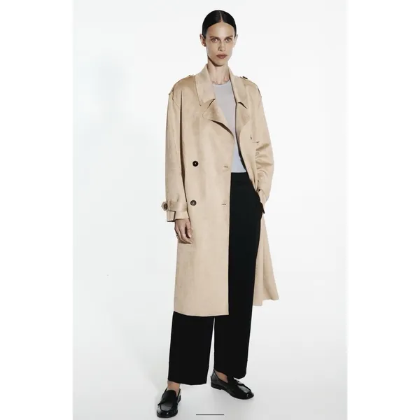ZARA Faux Suede Trench Coat Belted Jacket Solid Tan Brown Pockets Outdoors Large - Image 4