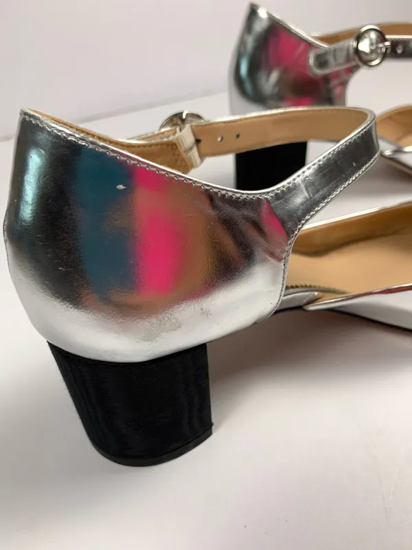 J.Crew Maisie Womens 9.5 Silver Leather Mary Jane Block Heel Black Cap Toe Shoes - Image 9