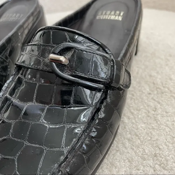 Stuart Weitzman Black Crocodile Patent Leather Block Heel Mules Shoes 8 Narrow - Image 10