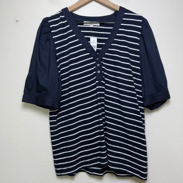 NEW LOFT Women Cotton‎ Knit Top Large Navy White Striped Henley Preppy Coastal - Image 2