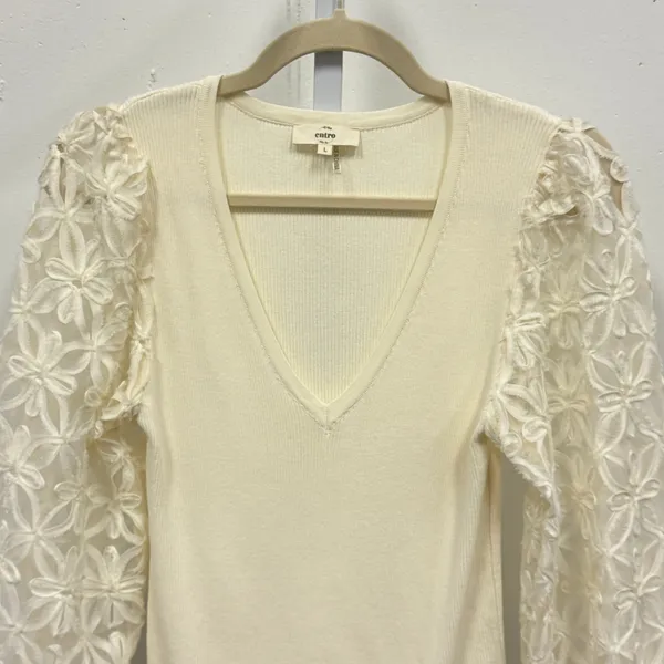 Entro Cream Ribbed V-Neck Sweater‎ Floral Lace Balloon Sleeve Top T19885 Large - Image 3