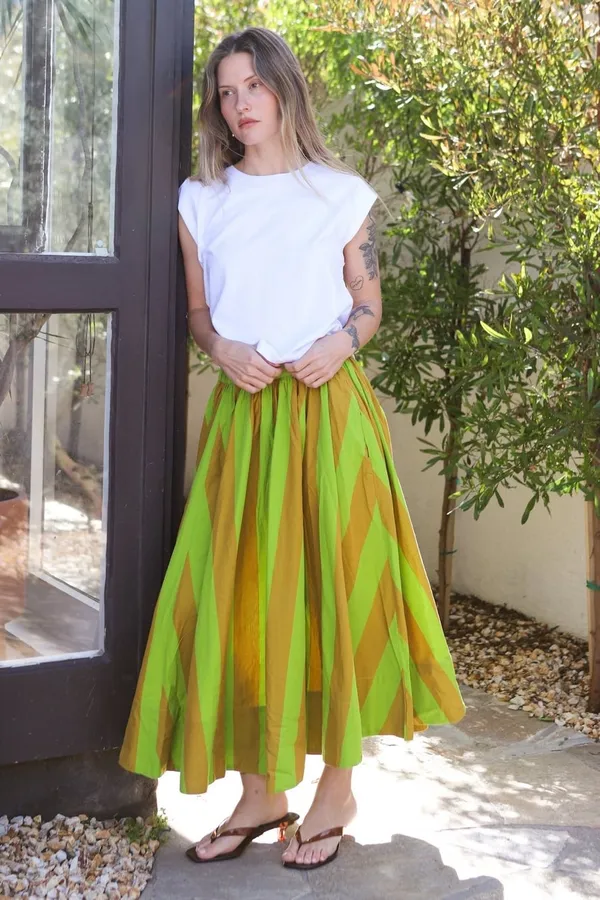 NEW Free People Lime Green & Mustard Striped Maxi Skirt XSmall - Image 4