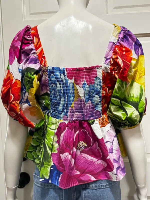 Farm Rio Boho Rainbow Chita Empire-Waist puff Sleeve Blouse Size Small - Image 4