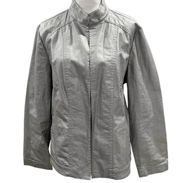 Additions by Chico's Linen Blend Silver Jacket Sz 2 Medium Hook Eye‎ Closure - Image 2