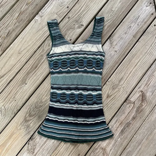 Say What? USA Women's Vintage Y2K Green/Blue Striped Knit Tank Top Size S - Image 2