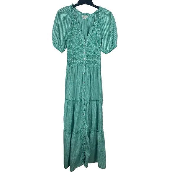 Sundance Smocked Button Maxi Dress S Green White Striped Tiered Cottage Boho - Image 2