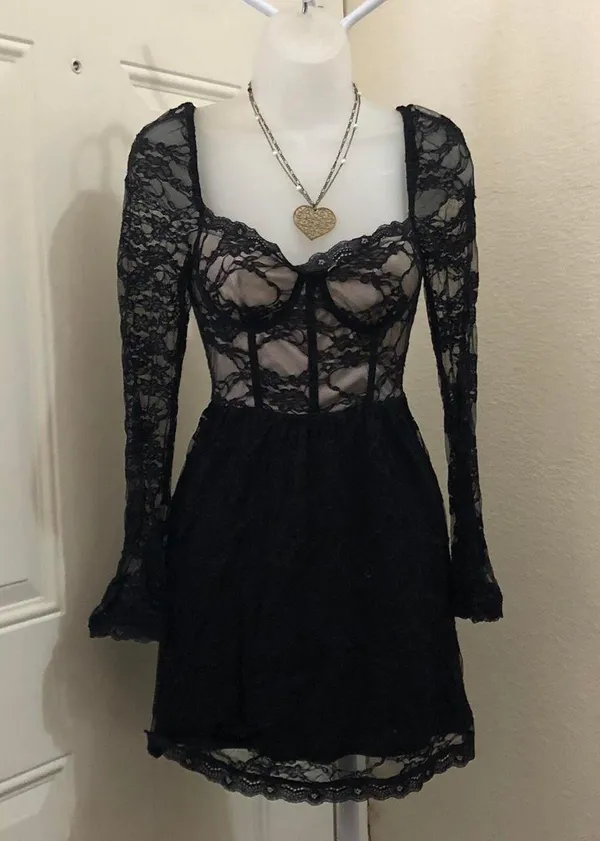Gothic Whimsygoth Black lace mesh sweetheart neckline bustier corset mini flare babydoll coquette party cocktail formal dress-S - Image 3