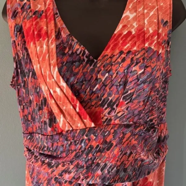 Simply Vera Wang Womens L Sleeveless V Neck Fit Flare Dress Orange Abstract - Image 2