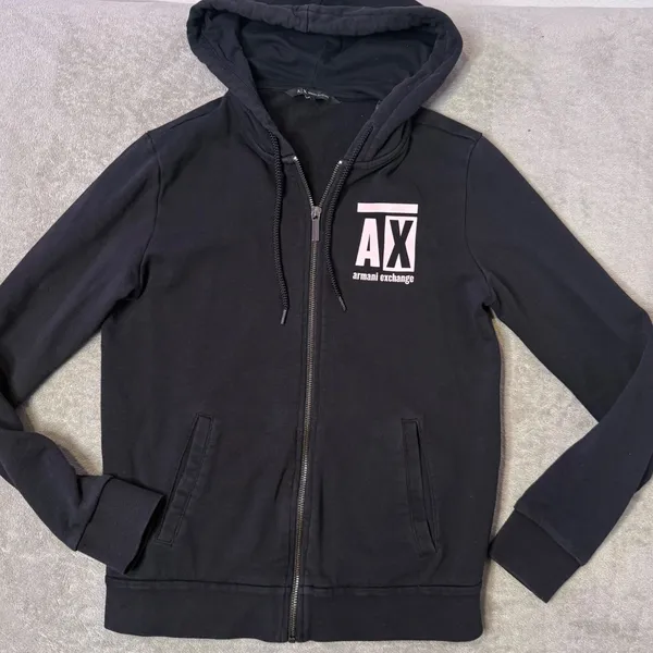 Armani Exchange Zip Up Hoodie Black Pink Logo‎ French Terry Sweatshirt Womens S - Image 6