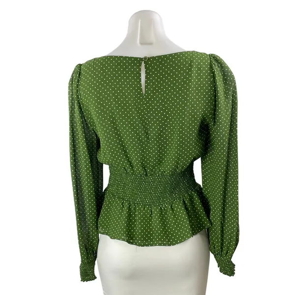 Reformation Hearth Women's Green Polka Dots Long Sleeve Peplum Blouse Top Size 8 - Image 3