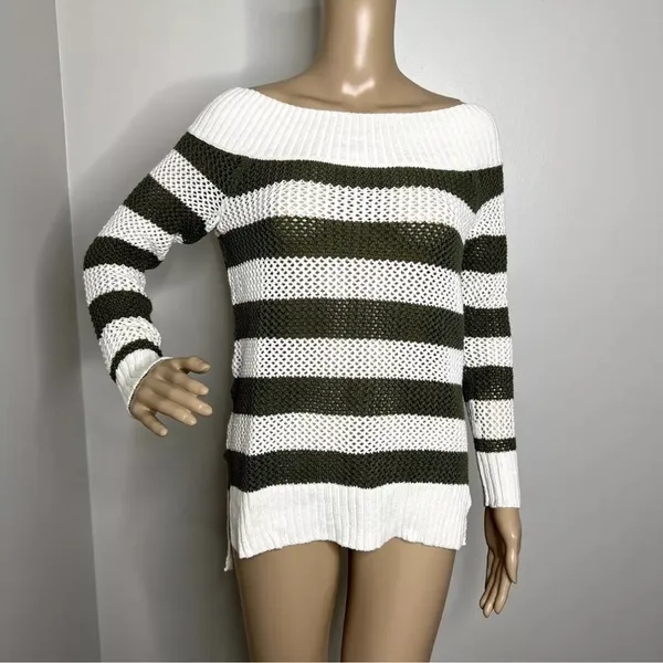 Aerie Green & White Striped Off Shoulder Knit Sweater Medium Cozy Boho Coastal - Image 2