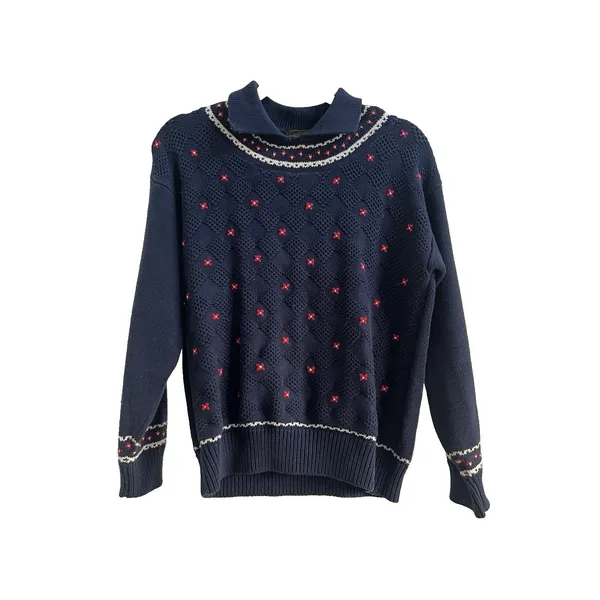 Eddie Bauer Vintage 90s Y2K Cotton Knit Sweater Textured Flowers Collar Women's Size Medium - Image 3