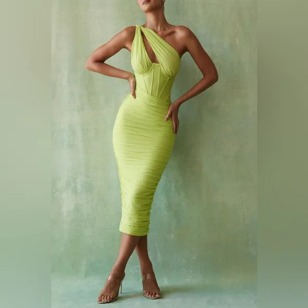 House of CB Green One Shoulder Valentina Lime Asymmetric Cut Out Midi Dress XS - Image 3