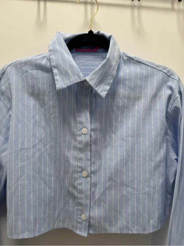 Edikted Sky Blue & White Pinstripe Button Up Crop Top Long Sleeve XS academia - Image 3