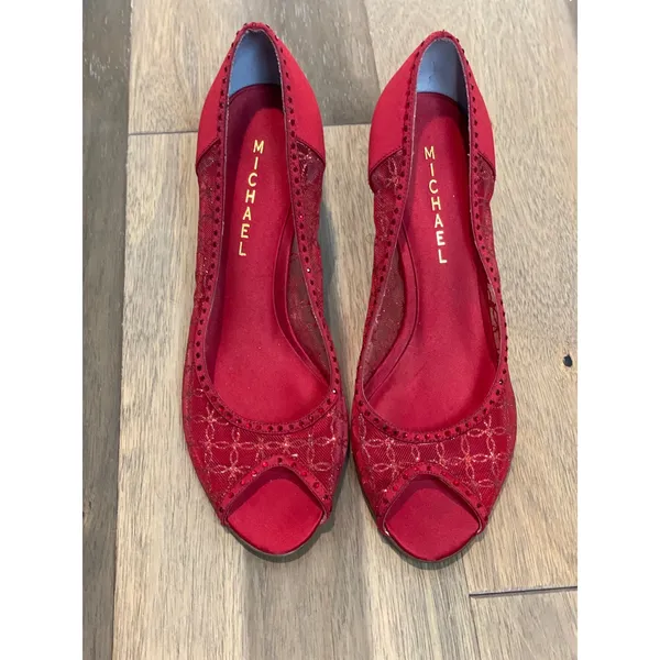 Michael Peep Toe Heels Red Mesh & Sequin Detail Size 8 Leather Sole 3 Inch Heel - Image 8