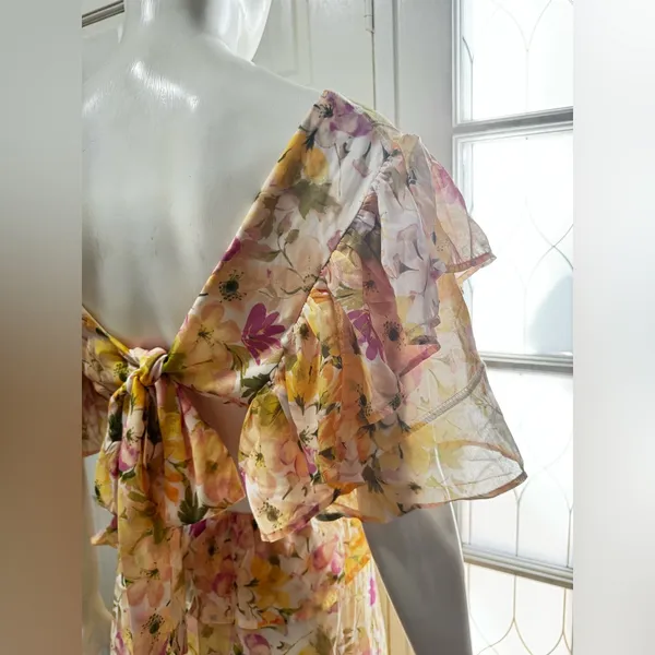Vici Yellow Ruffle Sheer Maxi Chiffon Floral Maxi Dress Size Large J-51 - Image 7