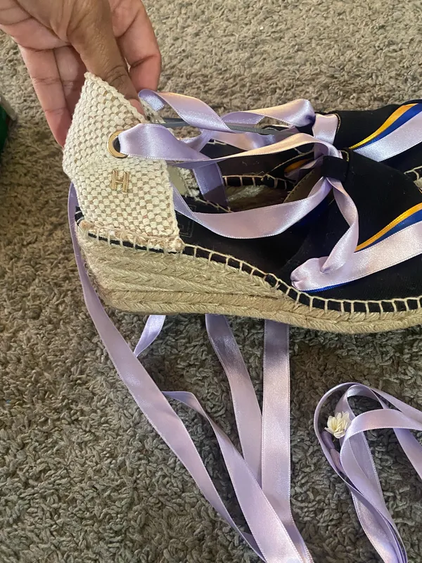 Women’s Size 38-handmade Lavender Ribbon Espadrille with Blue Accent - Image 3
