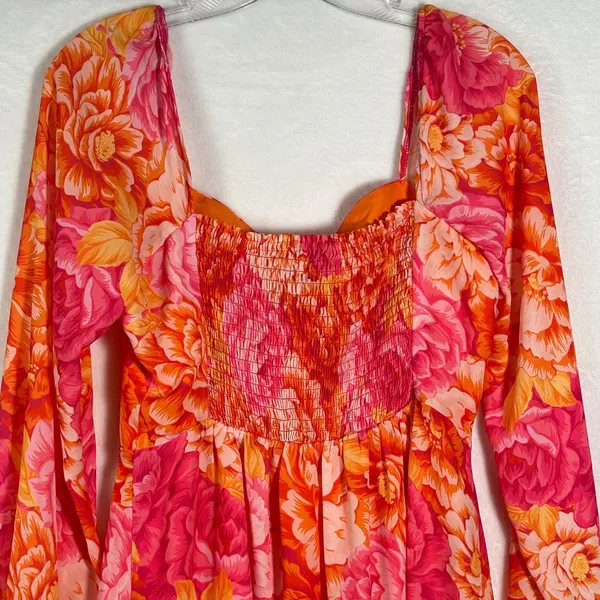 Steve Madden Floral Mini Dress Orange‎ Pink Sweetheart Smocked Back Size 4 - Image 5