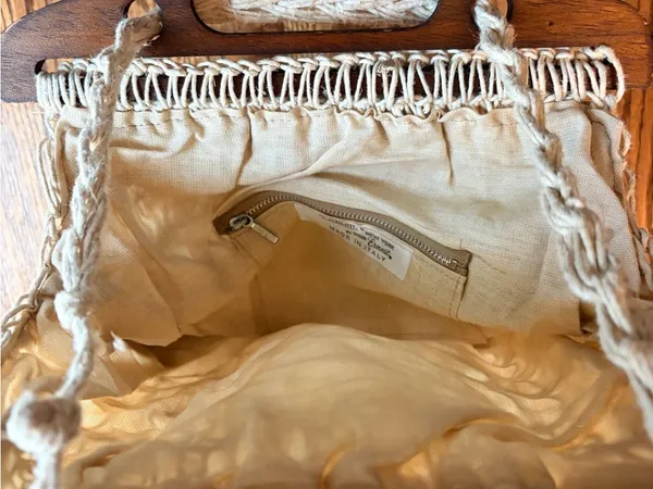 Vintage Simon New York Macrame Bag Wood Handle Italy 60s 70s Boho - Image 5