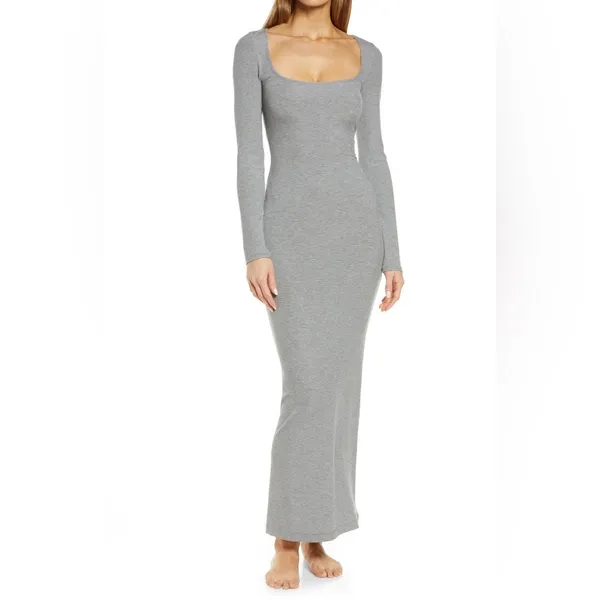 Skims Soft Lounge Long Sleeve Dress Maxi Gray Size Small - Image 8
