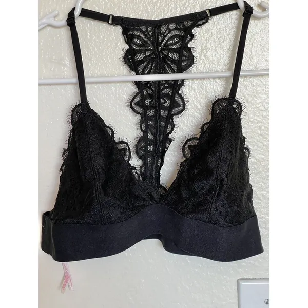 Victoria’s Secret Womens Bralette Bra Black Lace Triangle Logo Pullover Sz Small - Image 8