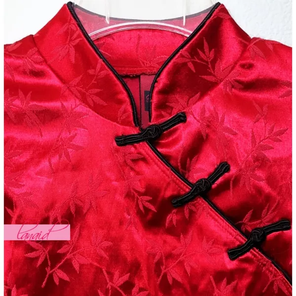 Asian Chinese Oriental Japanese Red Satin Stretchy Mandarin Short Sleeve Dress S - Image 4