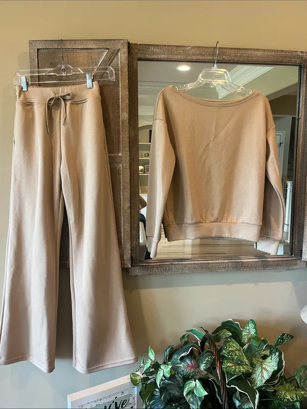 Tan Comfy Track Suit Women's Lounge Pants Drawstring and Matching Sweatshirt New - Image 4