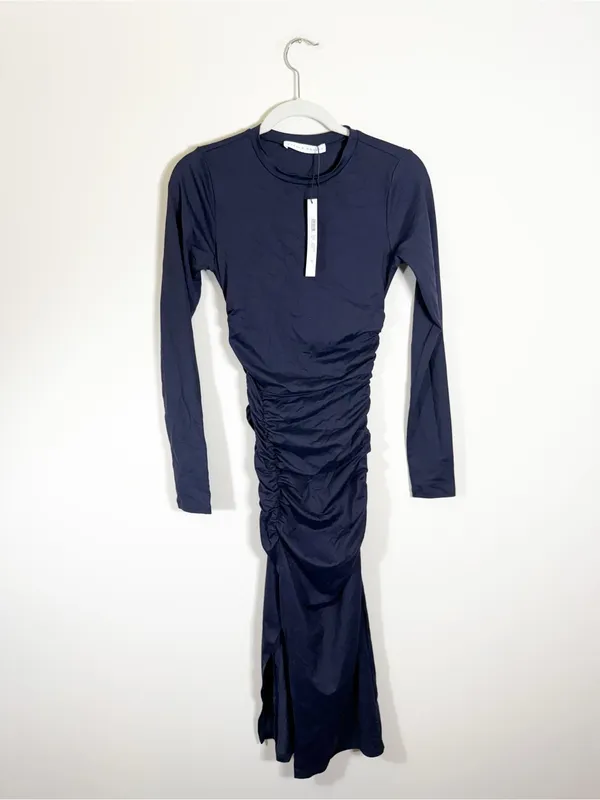 NWT Susana Monaco Gathered Crew Long Sleeve Slit Dress Navy Blue Size XS - Image 2