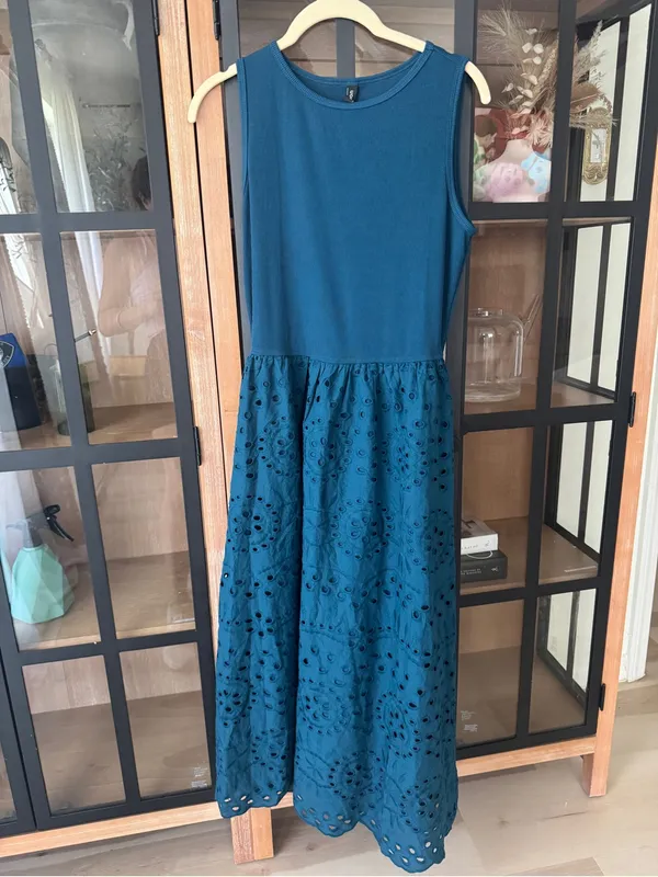 NWT Amazon eyelet maxi dress teal sleeveless drop waist midi pockets cotton - Image 4