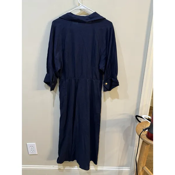 Donna Karan New York Women's Collared 3/4-Sleeve Midi Dress Size 6 Navy Linen - Image 6