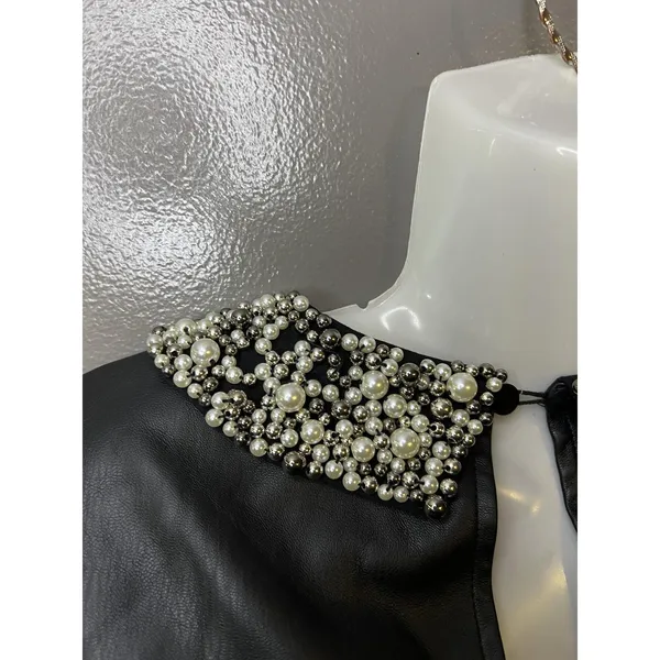 Maeve Blouse Womens XS Black Faux Leather Pearl Beaded Collar Cropped Zip Top - Image 7