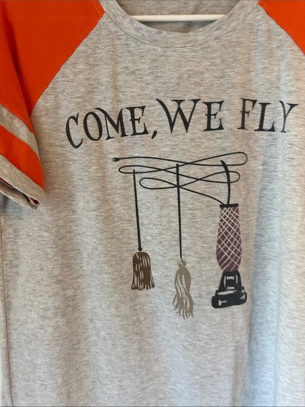 Women’s Grey & Orange Raglan Halloween Graphic Tee - "Come, We Fly" Size Ladge - Image 3