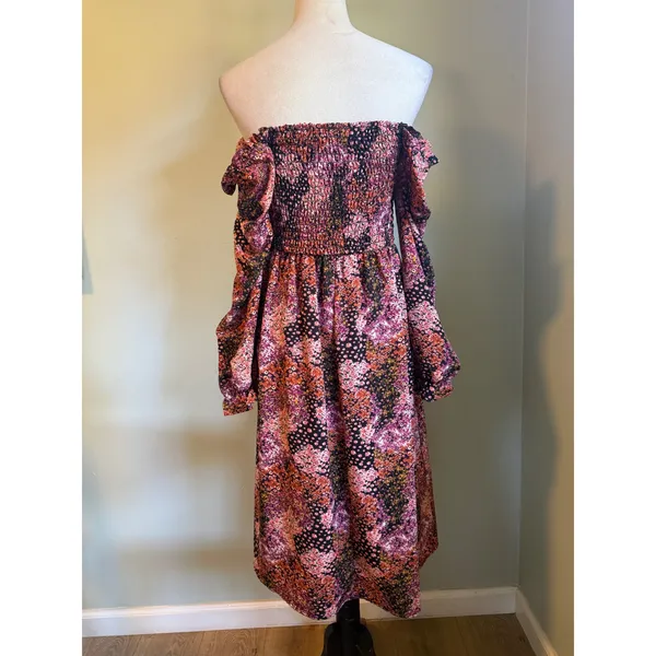 Long Sleeve Floral Midi Dress Smocked Off Shoulder m boho cotage whimsigoth retr - Image 6