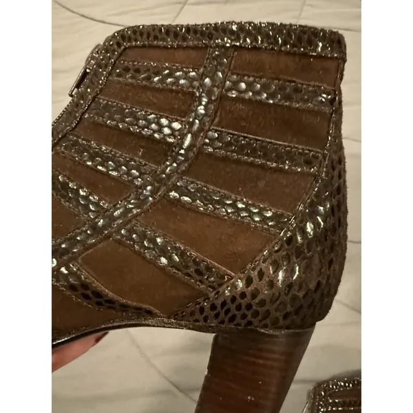 Italian Brown Suede & Snake Embossed Leather Ankle Bootie Women’s Size 7 - Image 8