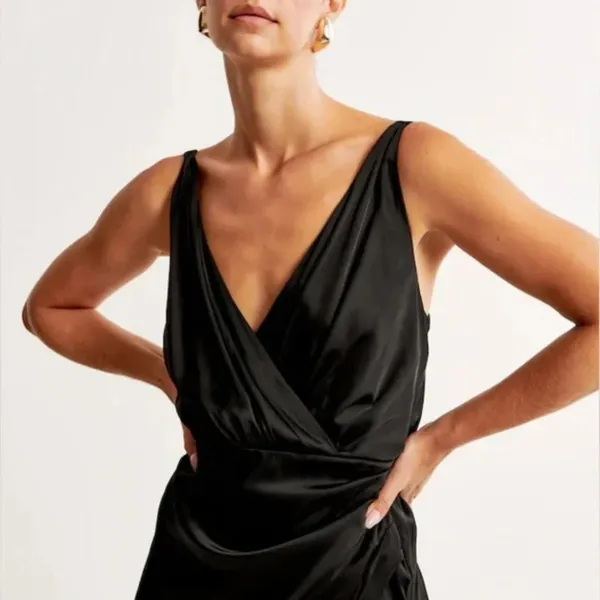 Abercrombie and Fitch Satin Draped Wrap Midi Dress Size Medium Light Brown - Image 7