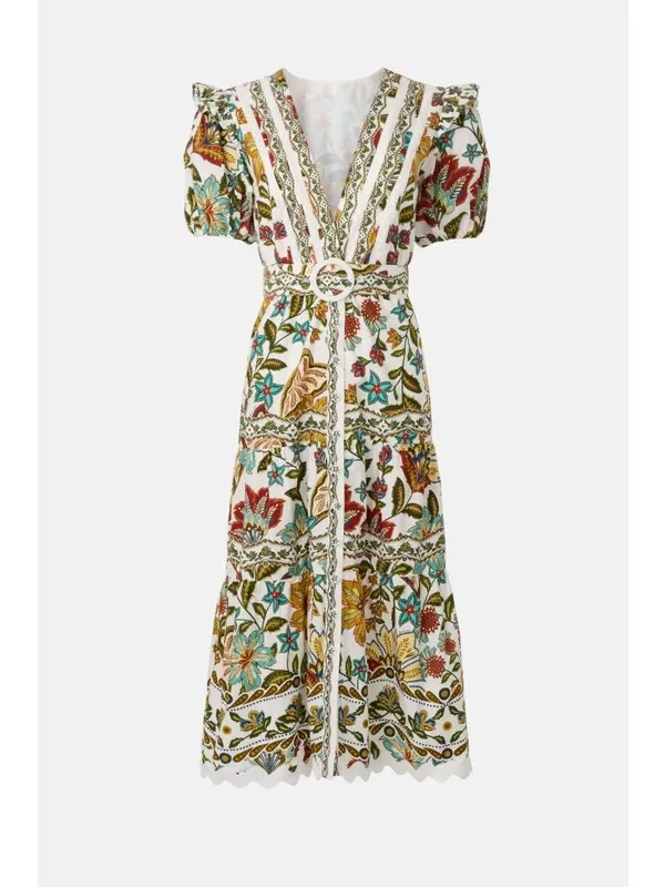 FARM Rio Botanicals Belted Midi Dress in Small Womens Cotton Poplin Floral - Image 13