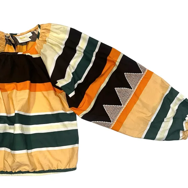 Anthropologie Maeve Clea Striped Long Puff Sleeve Cotton Peasant Blouse MEDIUM - Image 8