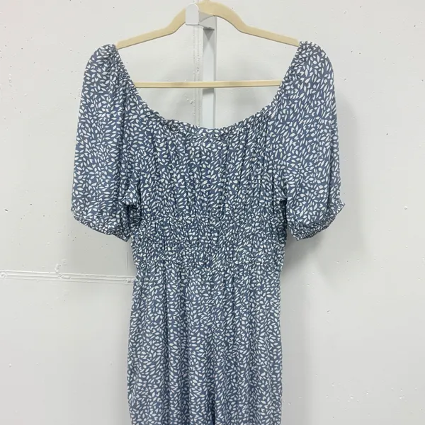 Sincerely Jules Leaf Print Smocked Waist Wide Leg Jumpsuit Medium Blue White - Image 5