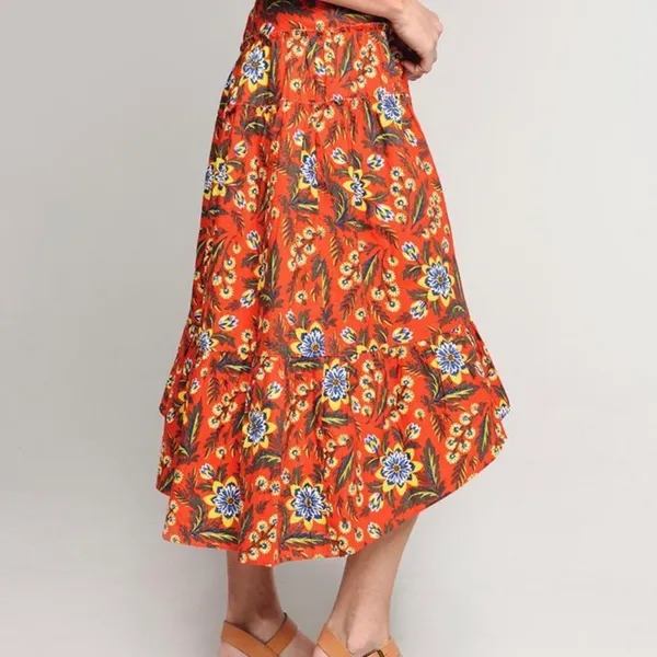 Joie Clarke Floral High Low Midi Skirt Salsa Orange Red Blue Yellow Size XS - Image 2