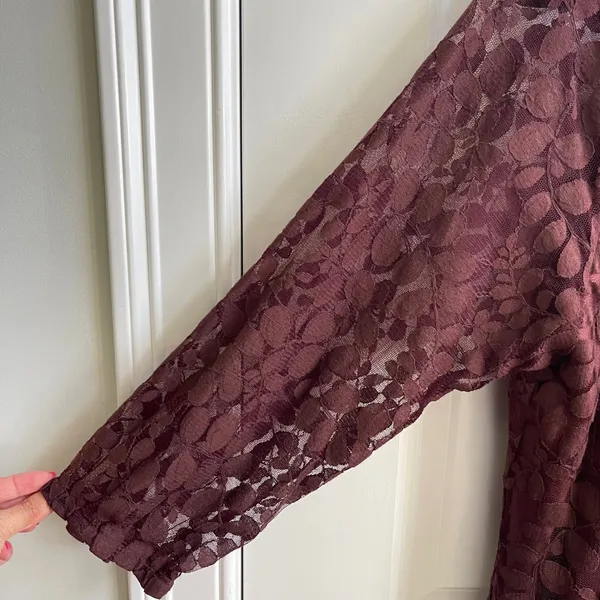 Garnet Hill Lace Dress Women 14 Burgundy Floral Leaf Scoop Neck 3/4 Sleeve Shift - Image 6