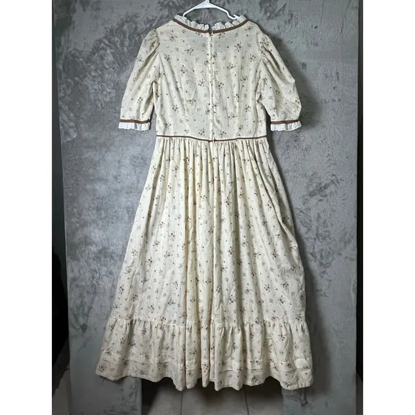 Vintage Homemade Prairie Floral Maxi Dress Cream Lace Ruffle Cottagecore Large - Image 3