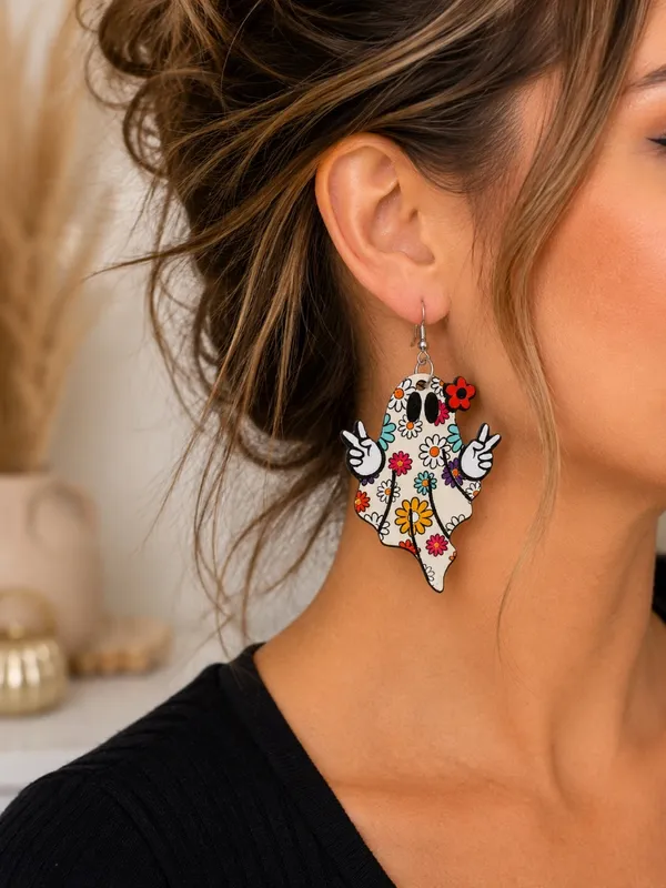 NEW Floral Ghost Dangle Earrings Double-Sided Halloween Boho NWT - Image 4