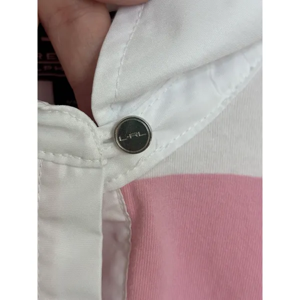 Y2K Lauren Active Ralph Lauren Pink White Stripe Polo Crest Preppy Golf L - Image 7