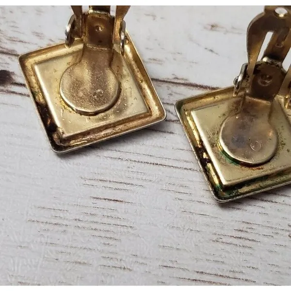 Vintage Clip On Earrings Diamond Shape Black with Dark Gold Pattern 7/8" - Image 6